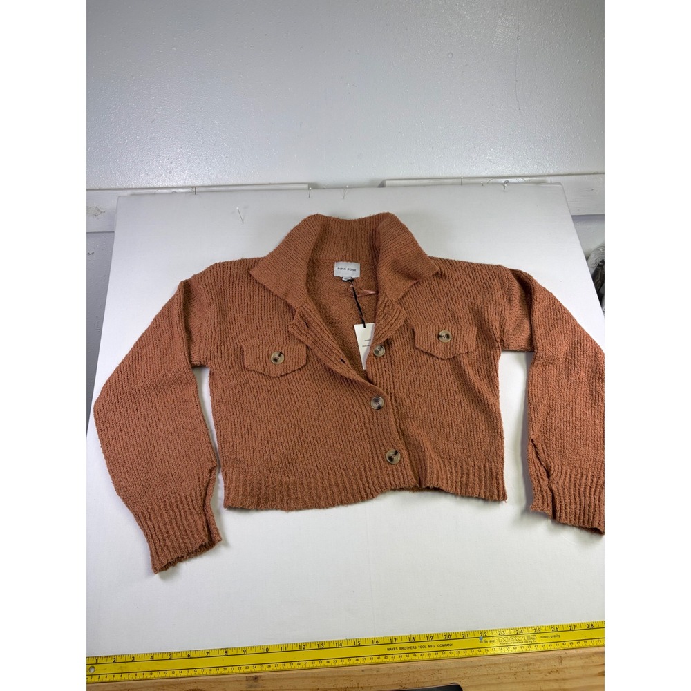 Pink Rose Venetian Clay Cropped Button Front Knit Cardigan Sweater Size M NEW